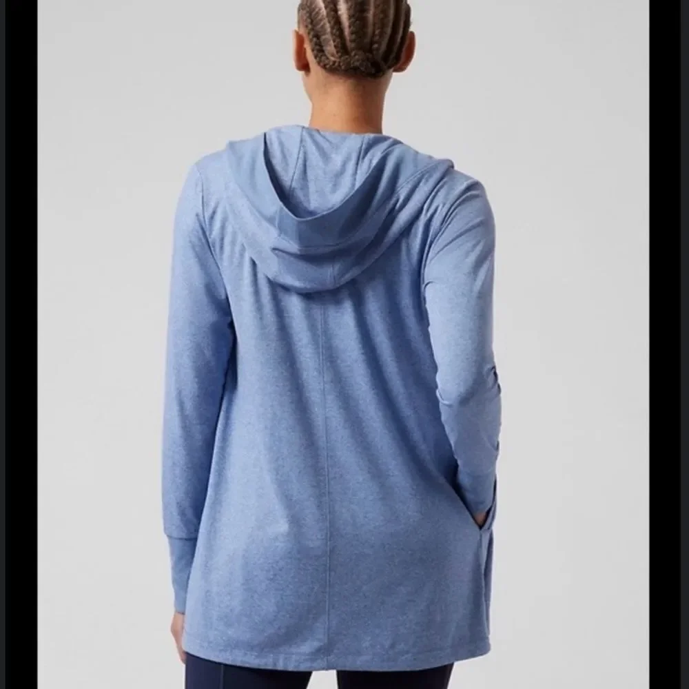 Athleta Untempo Wrap Cardigan Blue Hooded Pockets Size Large